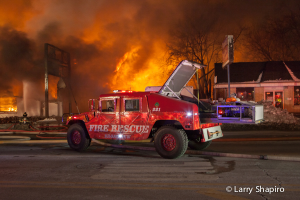 Humvee at massive fire scene
