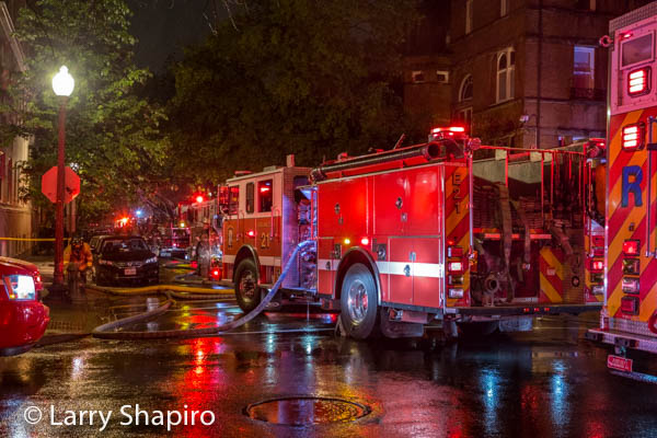DCFD fire engine at a night fire scene